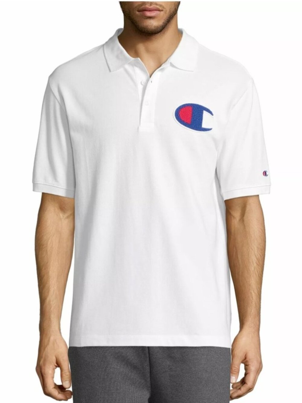 Champion New White Big Logo Back & Front Cotton short sleeve Polo Shirt sz S